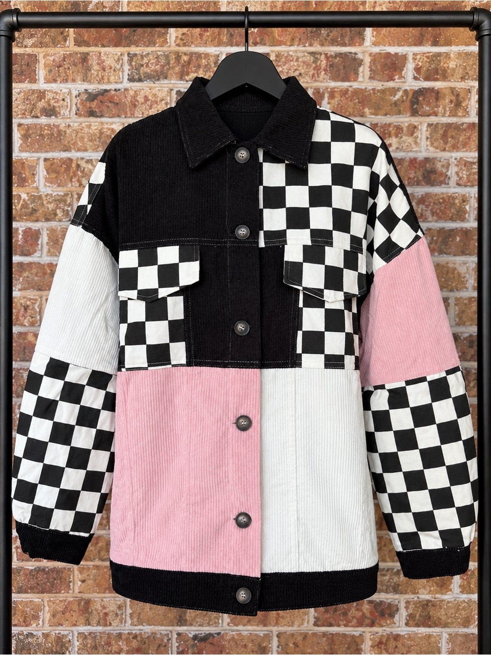 ADORA Pink, Black & off-white Check Colorblock Shacket Jacket Womens size S,M,L